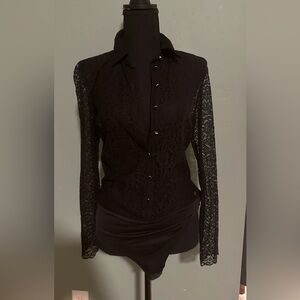 Zara Black Fitted Lace Bodysuit with Dress Shirt Collar